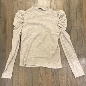 Oatmeal color, pearl shoulder details, puff shoulder